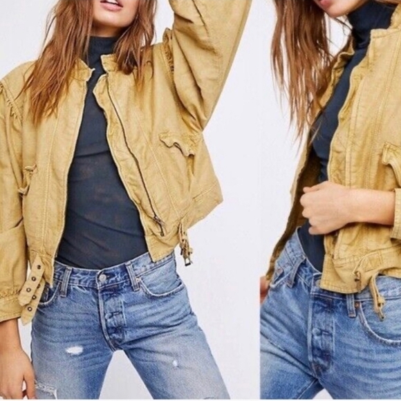 Free People Poet Puff Sleeve Khaki Bomber Revolve Jacket - Picture 2 of 5